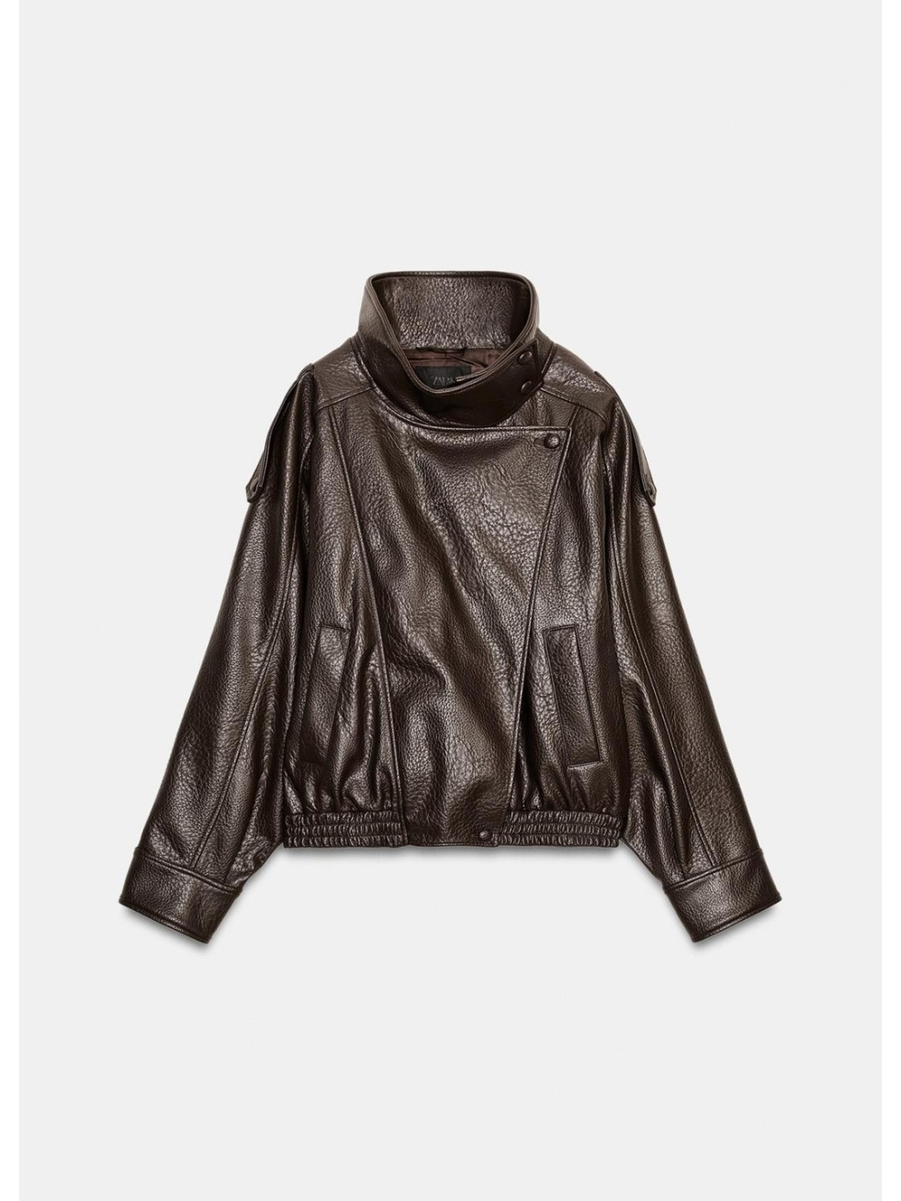 Zara Chocolate Brown Leather Funnel-Neck Jacket
